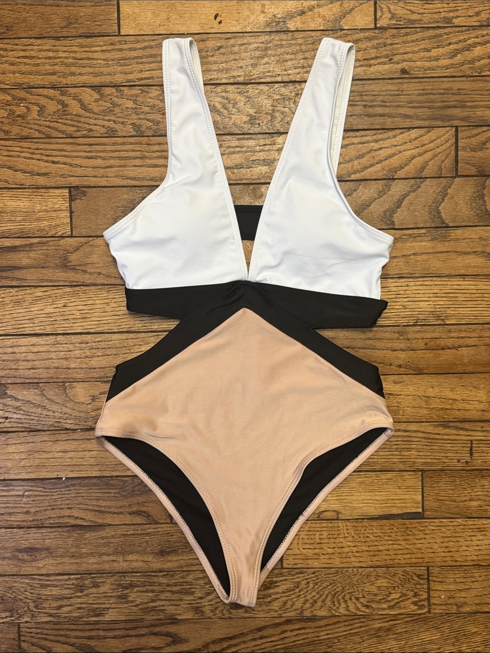 SHEIN Black & Nude Colorblock Plunge Swimsuit NEW